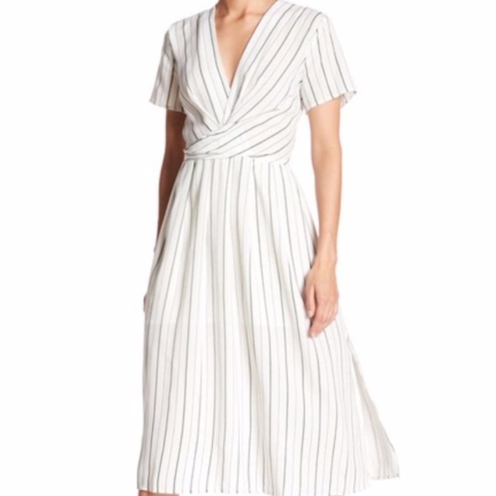 Lumiere Short Sleeve Green Striped Midi Dress